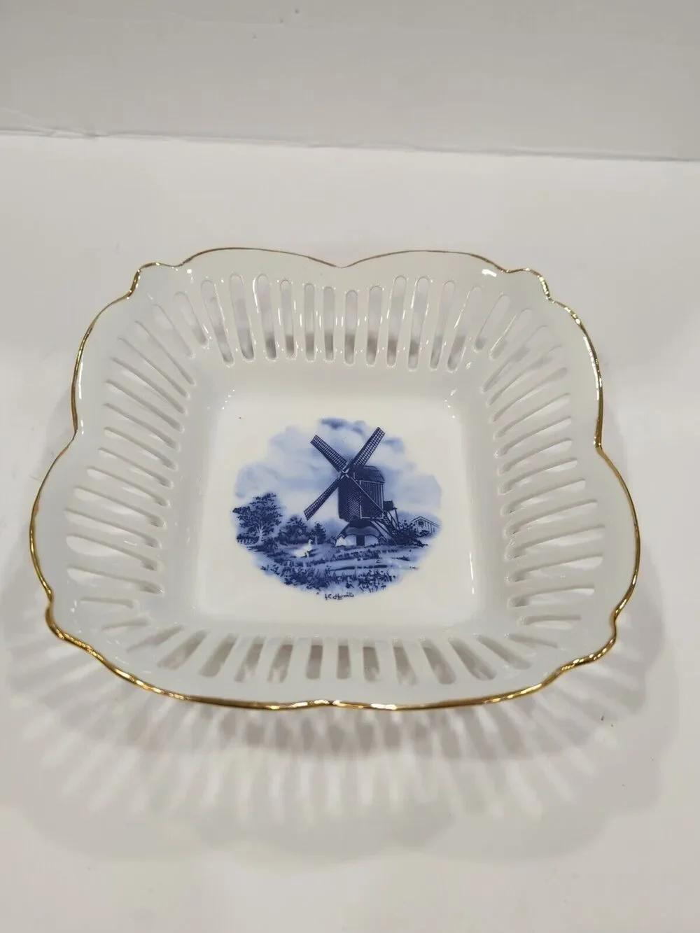 Royal Tri Ever Blue Windmill Porcelain Hand Painted Decorative Basket Bowl